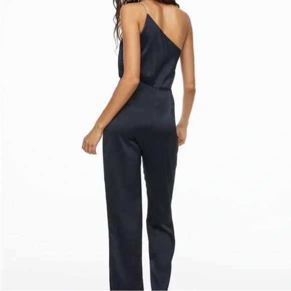 H&M Black Satin Asymmetrical One Shoulder Rhinestone Jeweled Strap Jumpsuit NWT - Picture 2 of 14